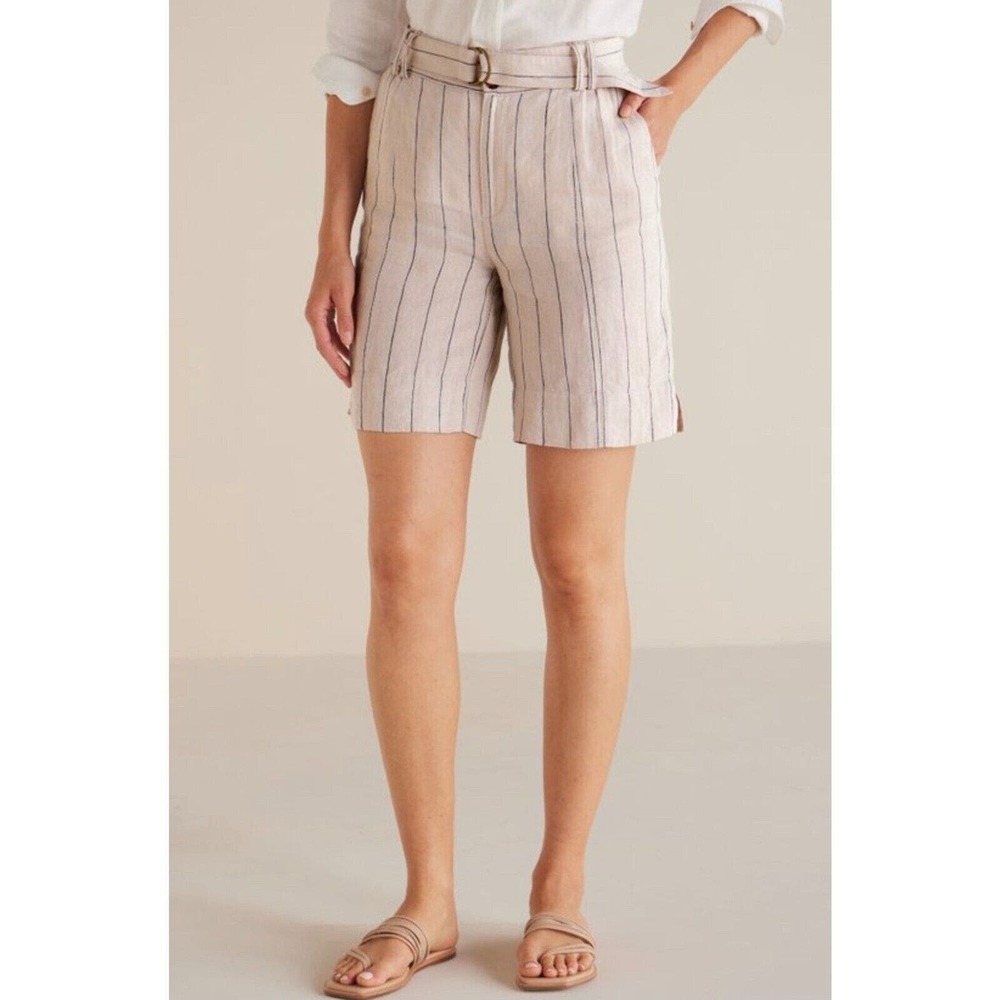 NWT Soft Surroundings Shorts Womens Sz XL Montecito Linen Navy‎ Tan Stripe 7.5"